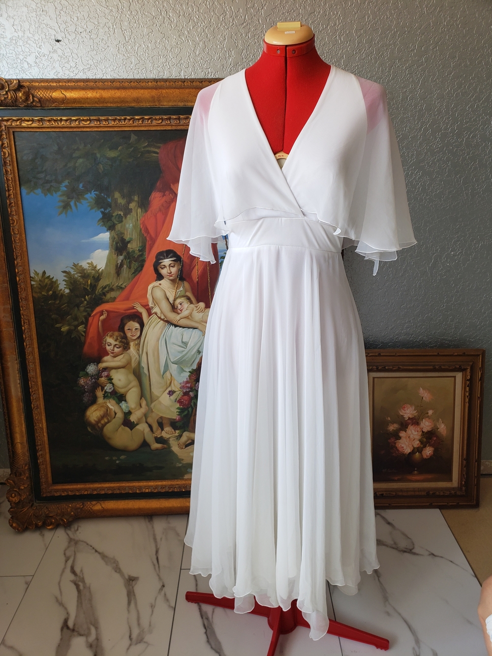 Elegant White Chiffon Wrap Gown Maxi Dress with Flutter Sleeves